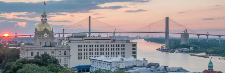 The sun rises over downtown Savannah, Ga.