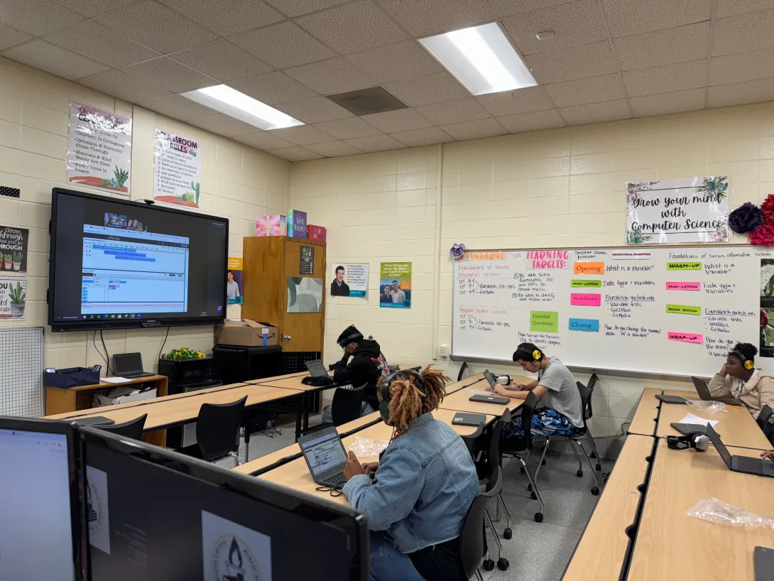 This image shows computer science students in Twiggs County, Georgia in their virtual class with Georgia Tech